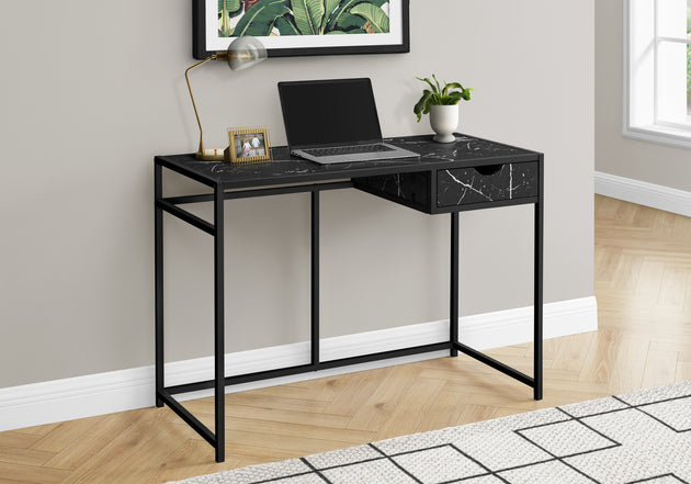 I 7572 Computer Desk - 42"L / Black Marble-Look / Black Metal - Furniture Depot