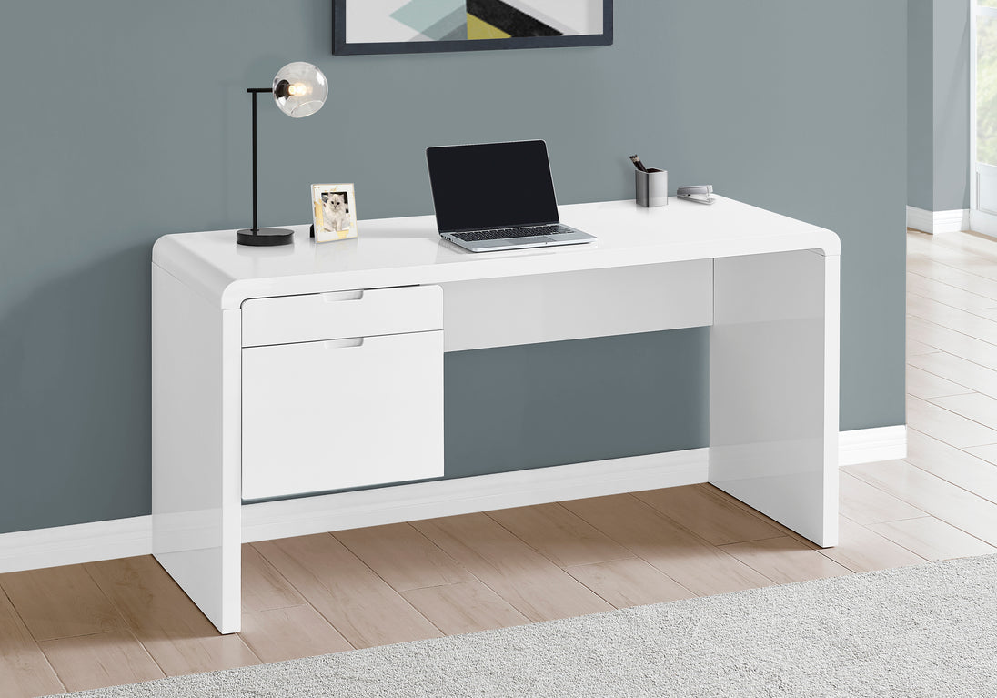 I 7581 Computer Desk - 60"L / High Glossy White L/R Face Drawer - Furniture Depot