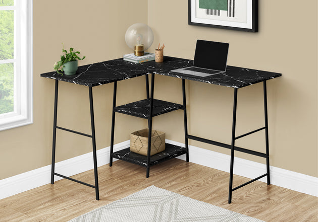 I 7594 Computer Desk - 48"L / Black Marble / Black Metal Corner - Furniture Depot
