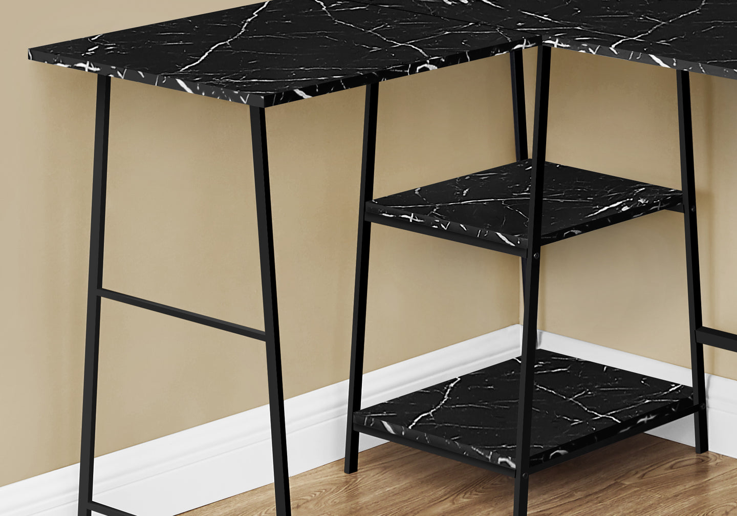 I 7594 Computer Desk - 48"L / Black Marble / Black Metal Corner - Furniture Depot