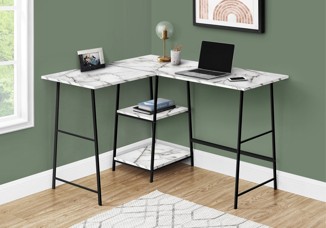 I 7595 Computer Desk - 48"L / White Marble / Black Metal Corner - Furniture Depot