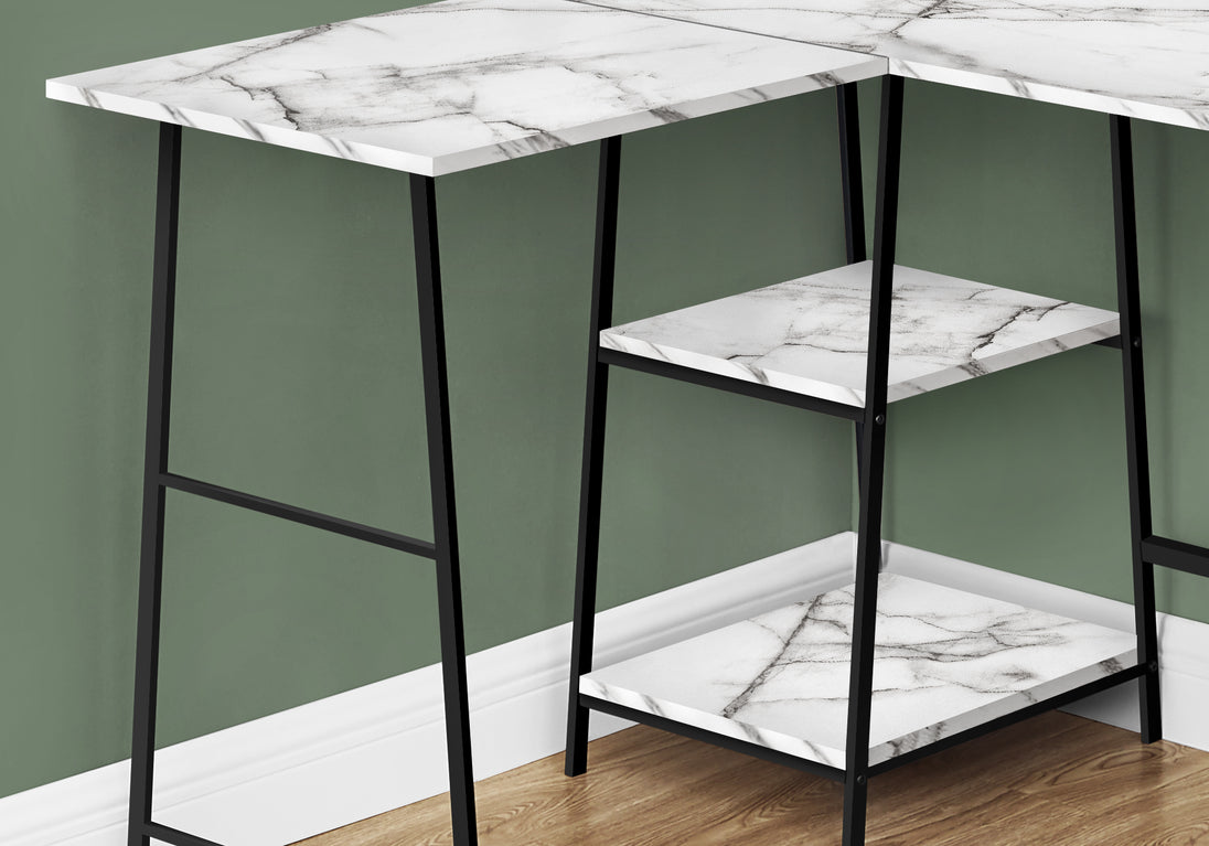 I 7595 Computer Desk - 48"L / White Marble / Black Metal Corner - Furniture Depot