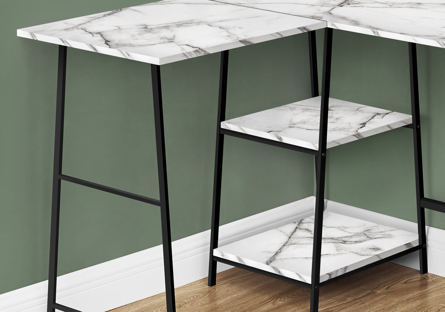 I 7595 Computer Desk - 48"L / White Marble / Black Metal Corner - Furniture Depot