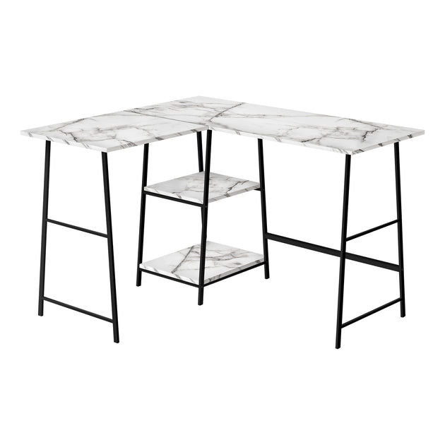 I 7595 Computer Desk - 48"L / White Marble / Black Metal Corner - Furniture Depot