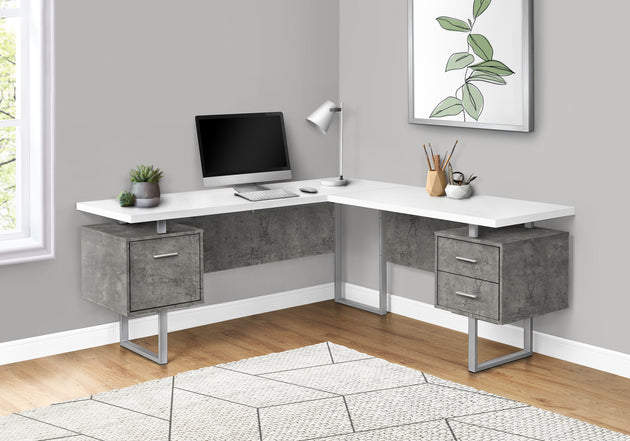 I 7618 Computer Desk - 70"L / White/ Concrete/ Silver Metal/ L/R - Furniture Depot
