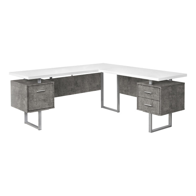 I 7618 Computer Desk - 70"L / White/ Concrete/ Silver Metal/ L/R - Furniture Depot