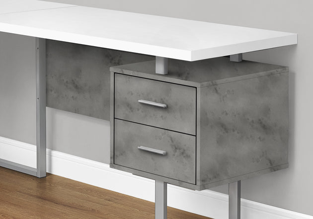 I 7618 Computer Desk - 70"L / White/ Concrete/ Silver Metal/ L/R - Furniture Depot