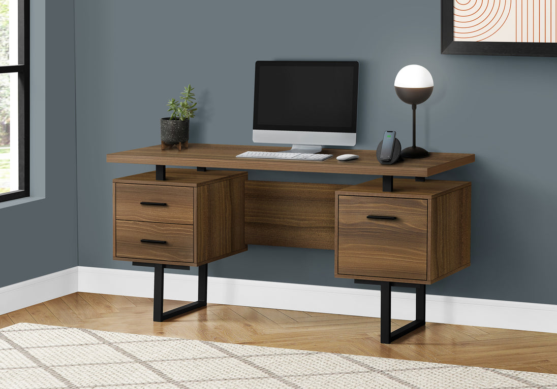 I 7625 Computer Desk - 60"L / Walnut / Black Metal - Furniture Depot