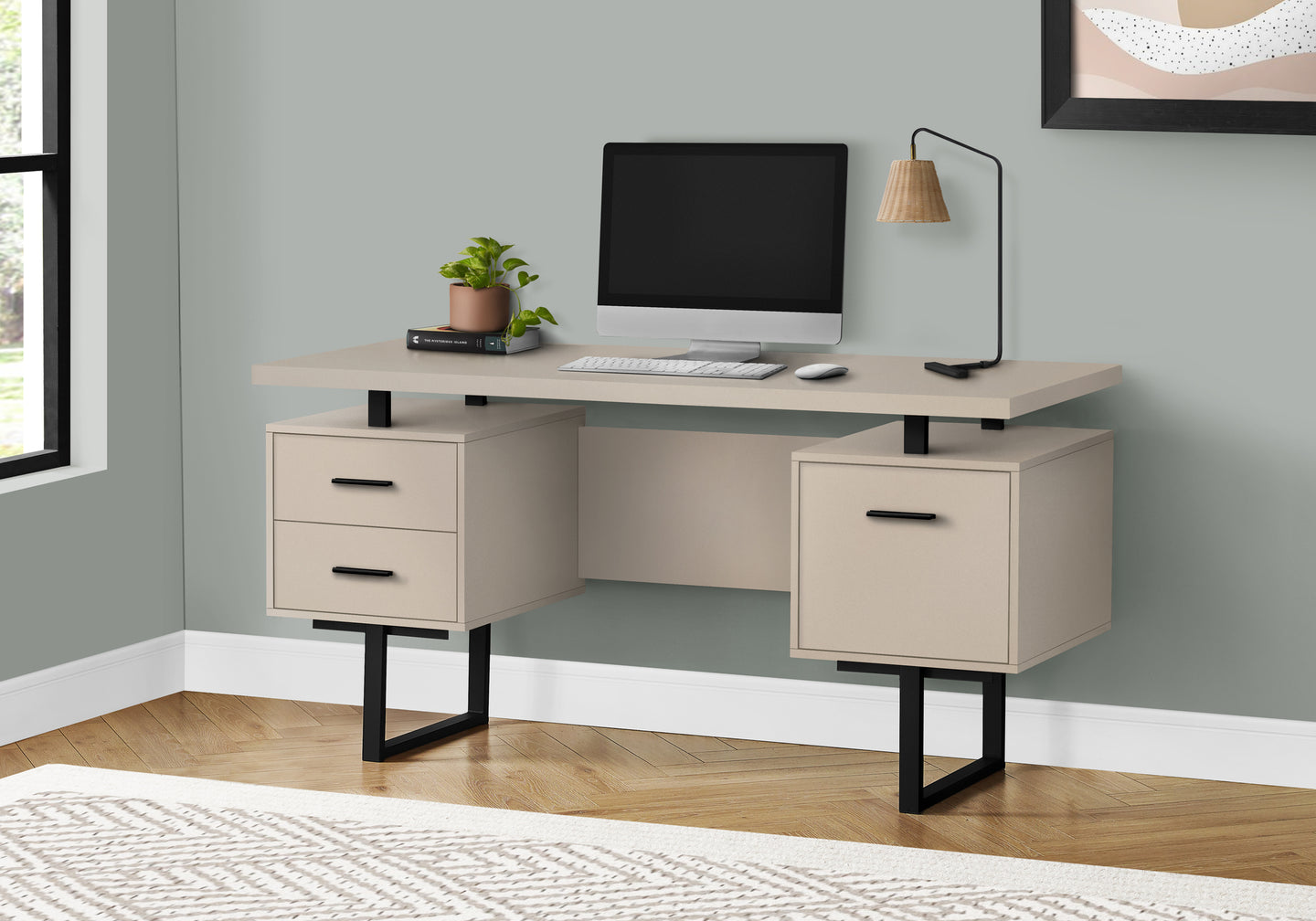 I 7629 Computer Desk - 60"L / Modern Taupe / Black Metal - Furniture Depot