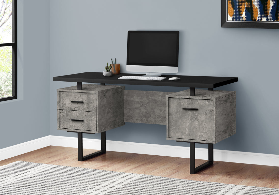 I 7632 Computer Desk - 60"L / Black/Grey Concrete/ Silver Metal - Furniture Depot