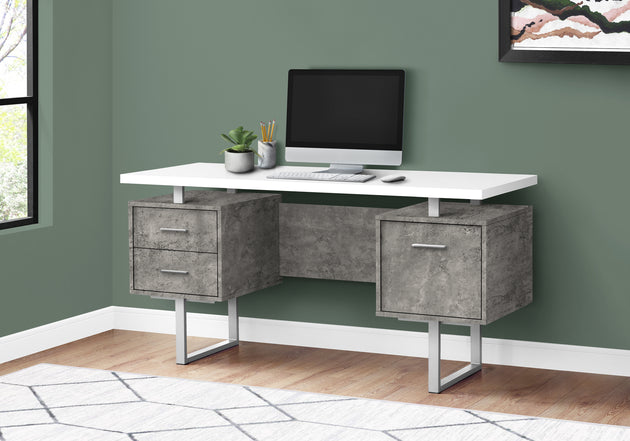 I 7633 Computer Desk - 60"L / White/ Grey Concrete/ Silver Metal - Furniture Depot