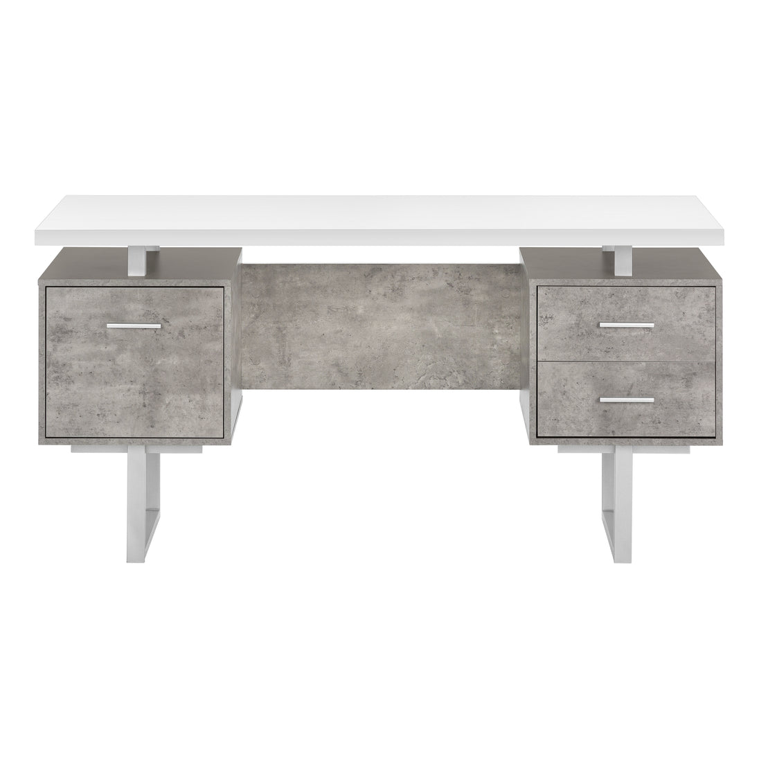 I 7633 Computer Desk - 60"L / White/ Grey Concrete/ Silver Metal - Furniture Depot