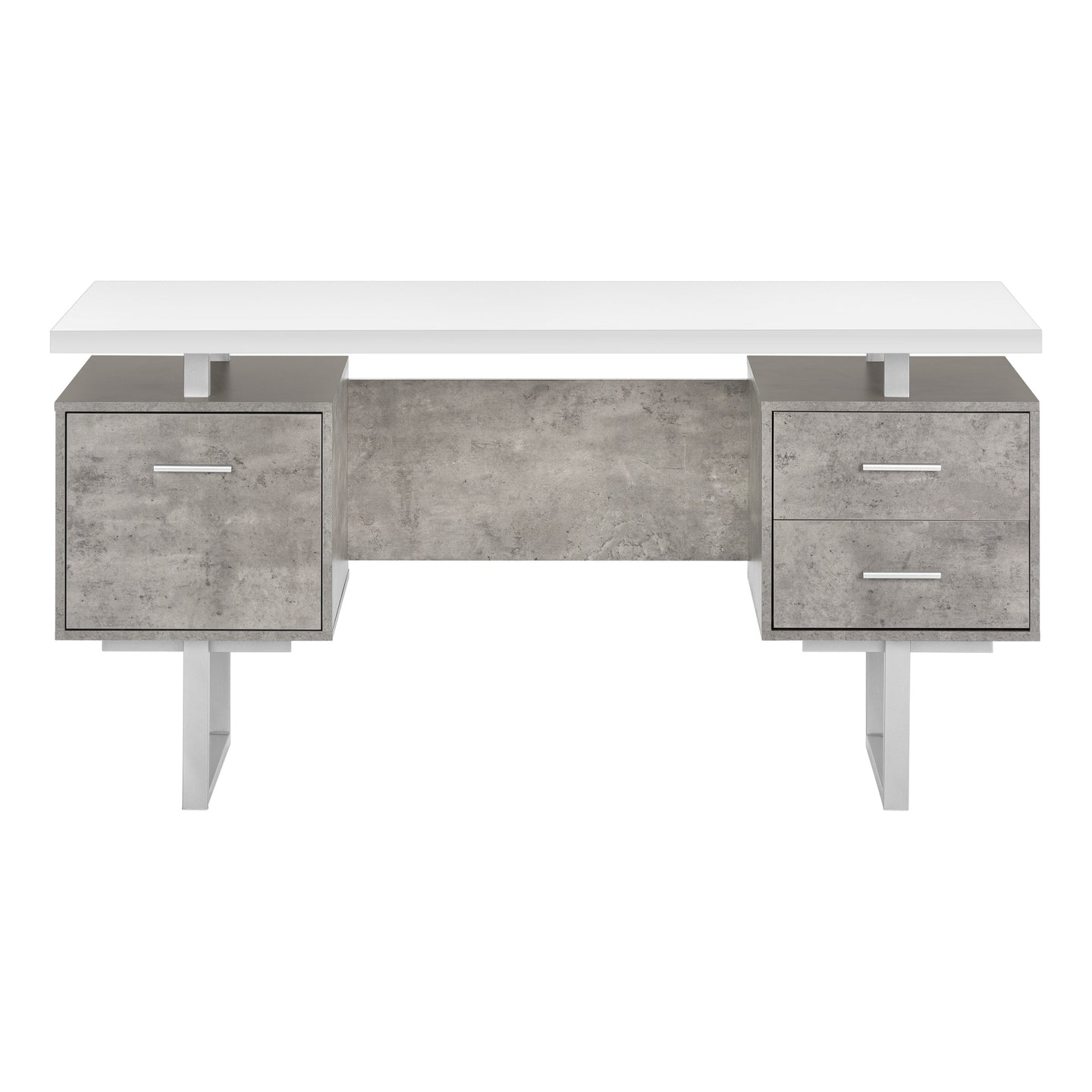 I 7633 Computer Desk - 60"L / White/ Grey Concrete/ Silver Metal - Furniture Depot