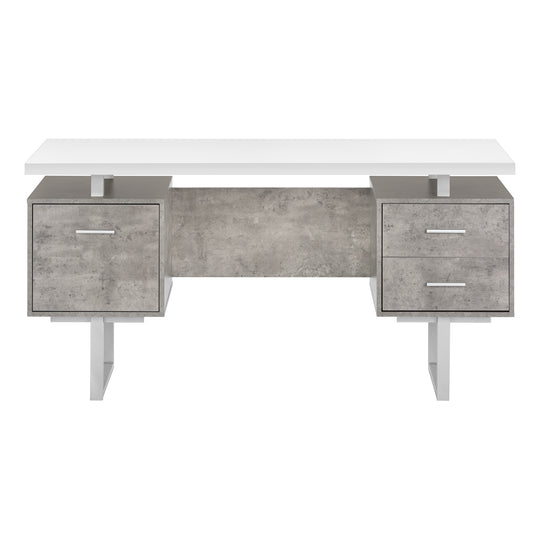I 7633 Computer Desk - 60"L / White/ Grey Concrete/ Silver Metal - Furniture Depot