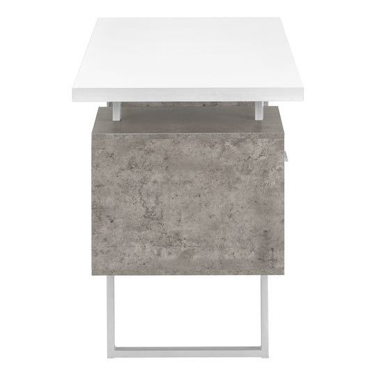 I 7633 Computer Desk - 60"L / White/ Grey Concrete/ Silver Metal - Furniture Depot