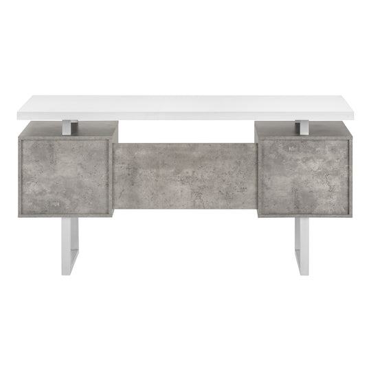 I 7633 Computer Desk - 60"L / White/ Grey Concrete/ Silver Metal - Furniture Depot