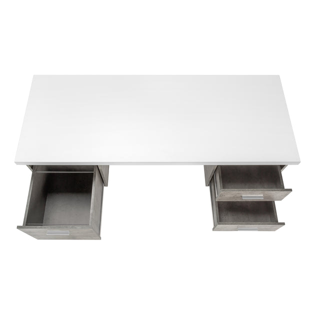 I 7633 Computer Desk - 60"L / White/ Grey Concrete/ Silver Metal - Furniture Depot