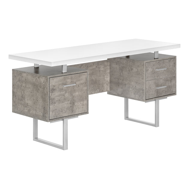 I 7633 Computer Desk - 60"L / White/ Grey Concrete/ Silver Metal - Furniture Depot