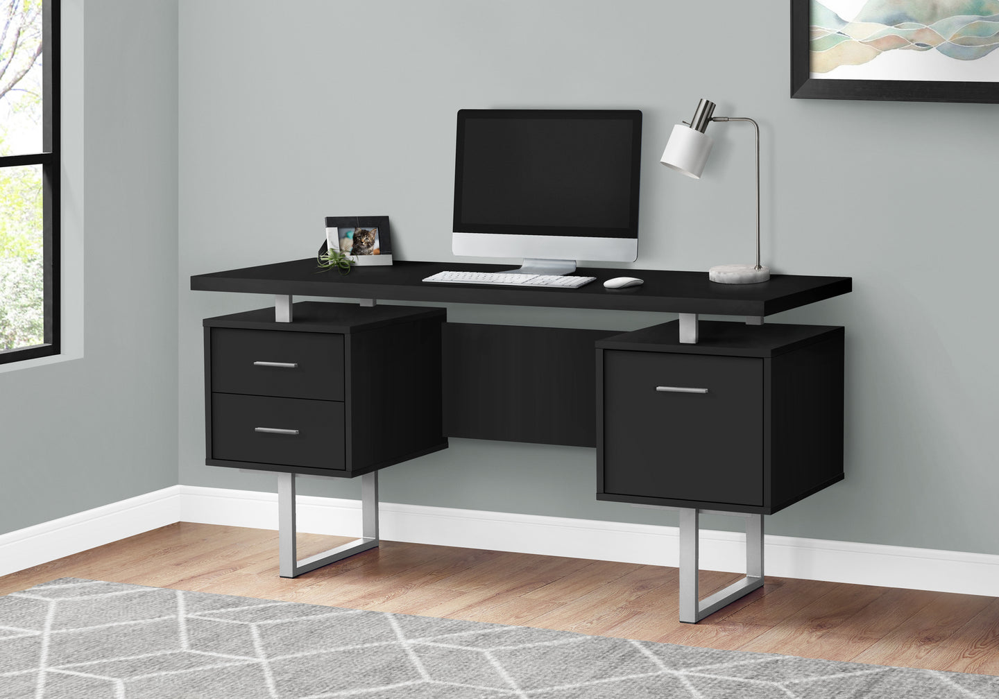 I 7634 Computer Desk - 60"L / Black / Silver Metal - Furniture Depot