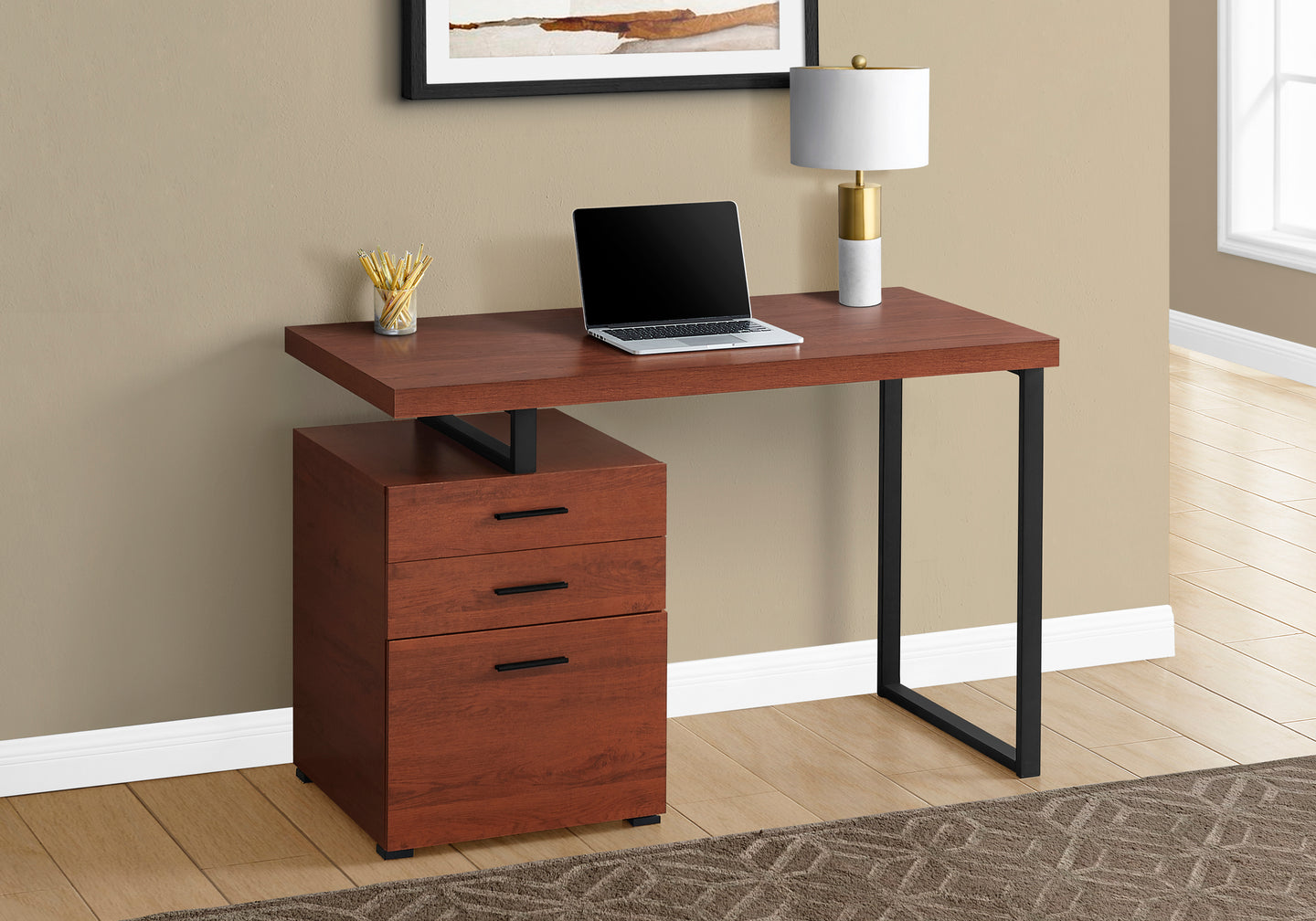 I 7641 Computer Desk - 48"L / Cherry / Black Metal / L/R Face - Furniture Depot