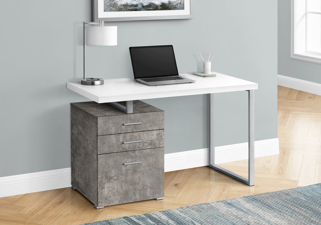 I 7648 Computer Desk - 48"L / White/ Concrete/ Silver Metal/ L/R - Furniture Depot
