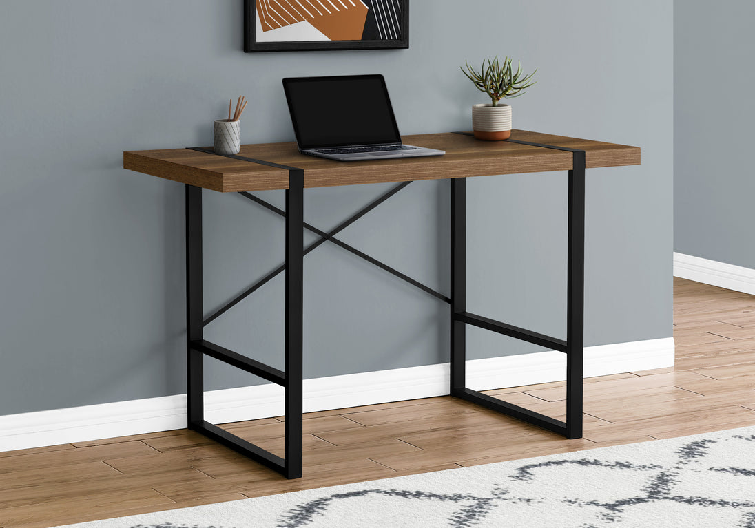 I 7655 Computer Desk - 48"L / Walnut / Black Metal - Furniture Depot
