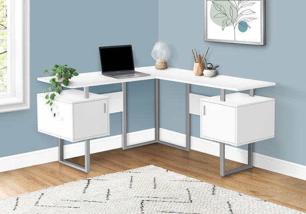 I 7695 Computer Desk - 58"L / White / Silver Metal Corner - Furniture Depot (7881151774968)