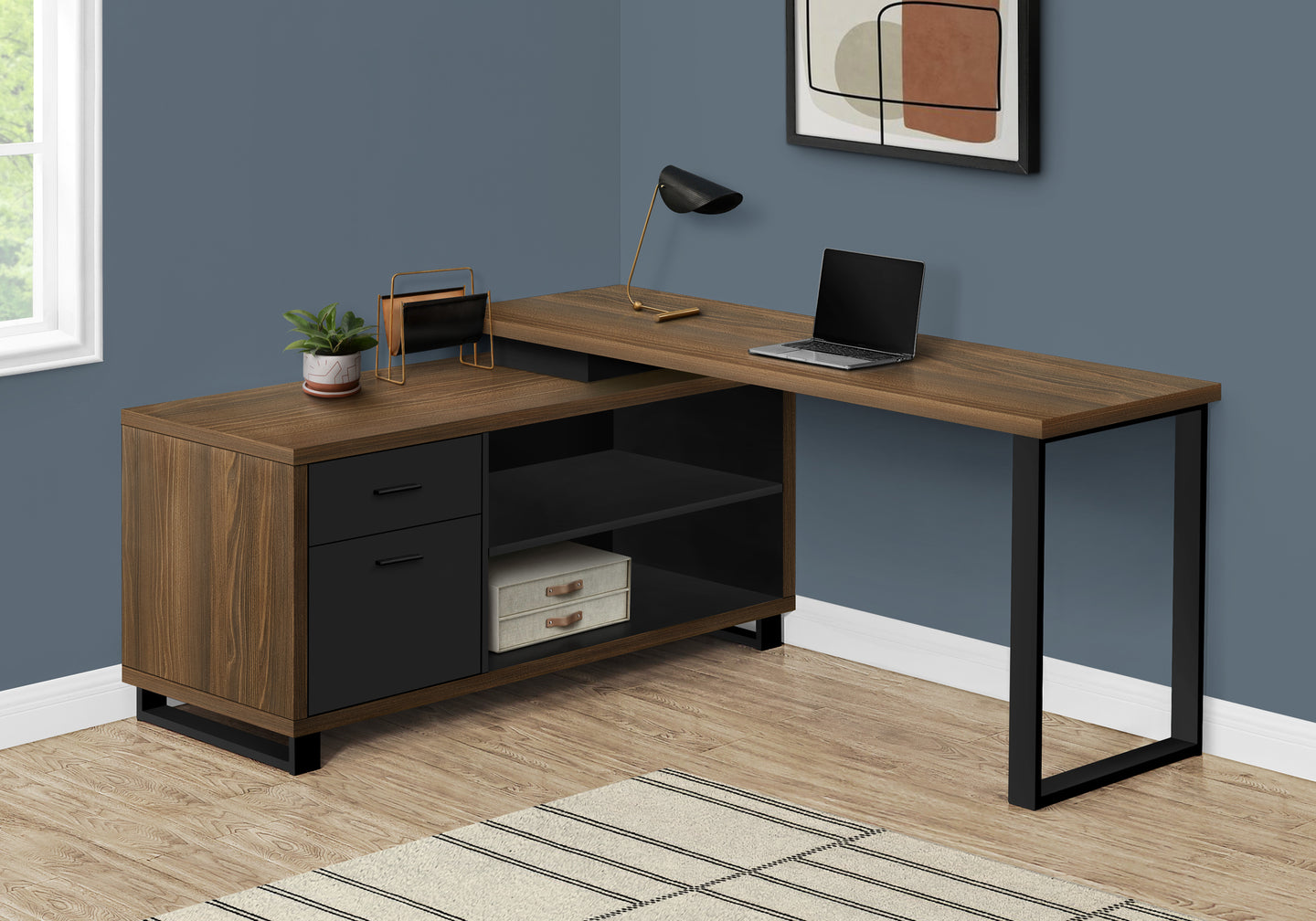 I 7711 Computer Desk - 72"L Walnut / Black Executive Corner - Furniture Depot