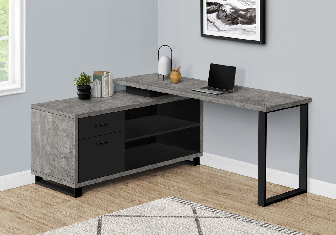 I 7714 Computer Desk - 72"L Grey Concrete/Black Executive Corner - Furniture Depot