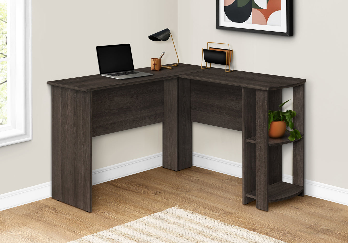 I 7722 Computer Desk - Brown Oak L-Shaped Corner / 2 Shelves - Furniture Depot