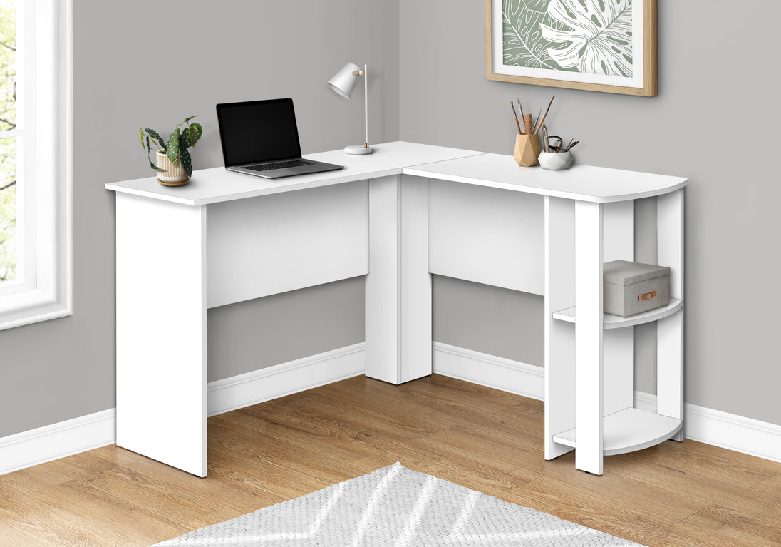 I 7723 Computer Desk - White L-Shaped Corner / 2 Shelves - Furniture Depot