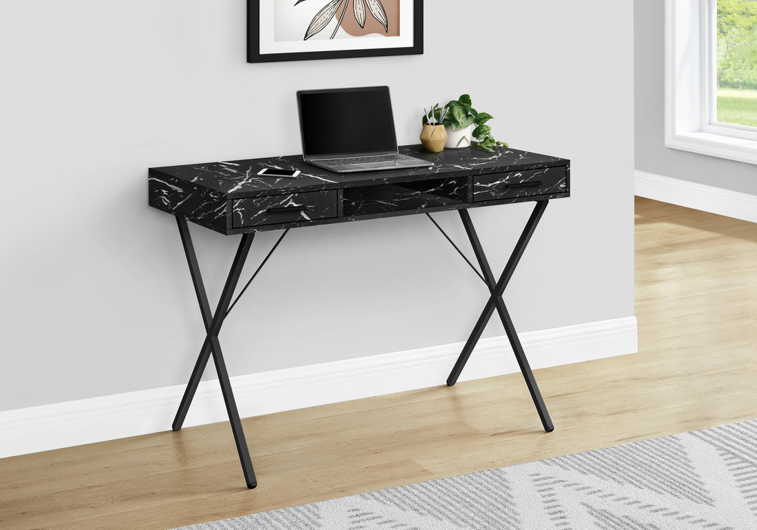 I 7793 Computer Desk - 42"L / Black Marble / Black Metal - Furniture Depot