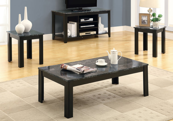 I 7843P Table Set - 3pcs Set / Black / Grey Marble-Look Top - Furniture Depot (7881159082232)