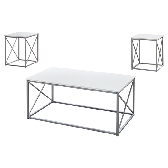 I 7951P Table Set - 3pcs Set / White / Silver Metal - Furniture Depot