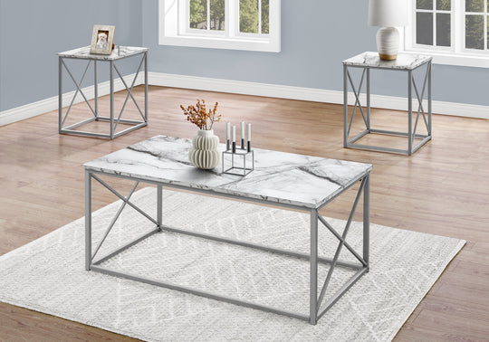 I 7953P Table Set - 3pcs Set / White Marble / Silver Metal - Furniture Depot