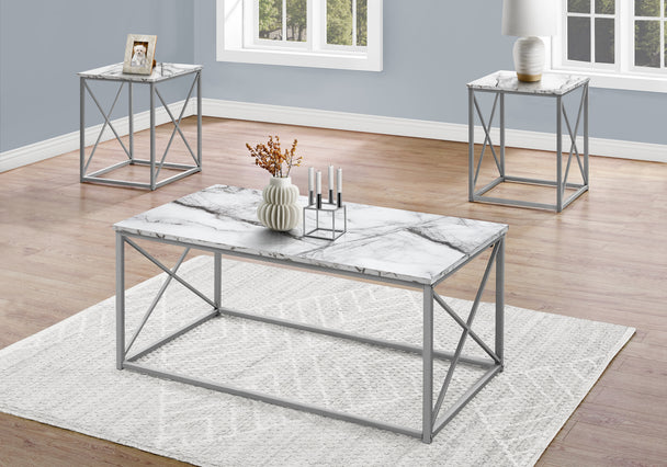 I 7953P Table Set - 3pcs Set / White Marble / Silver Metal - Furniture Depot