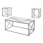 I 7953P Table Set - 3pcs Set / White Marble / Silver Metal - Furniture Depot
