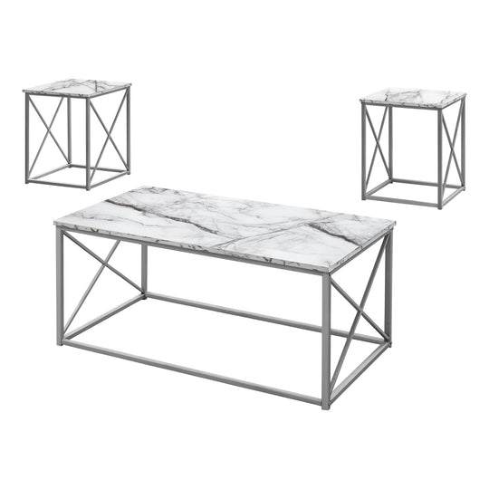 I 7953P Table Set - 3pcs Set / White Marble / Silver Metal - Furniture Depot