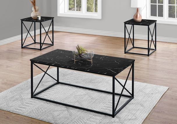 I 7954P Table Set - 3pcs Set / Black Marble / Black Metal - Furniture Depot