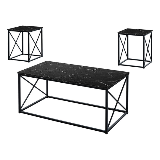 I 7954P Table Set - 3pcs Set / Black Marble / Black Metal - Furniture Depot