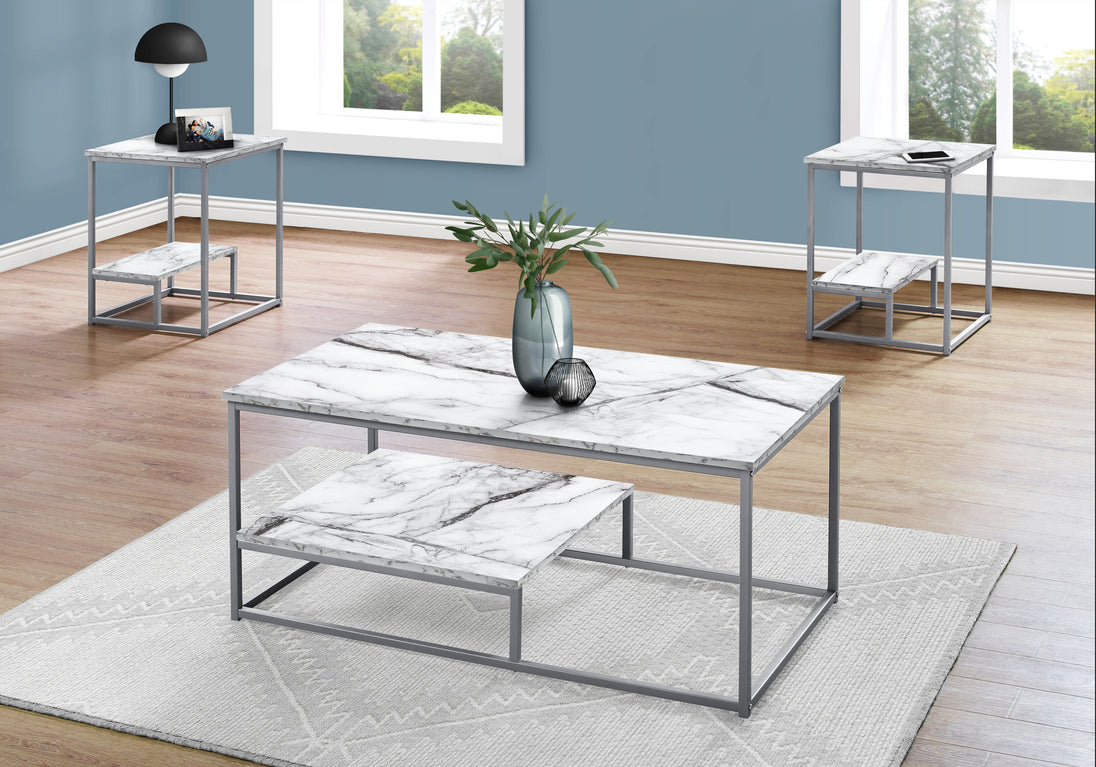 I 7963P Table Set - 3pcs Set / White Marble / Silver Metal - Furniture Depot