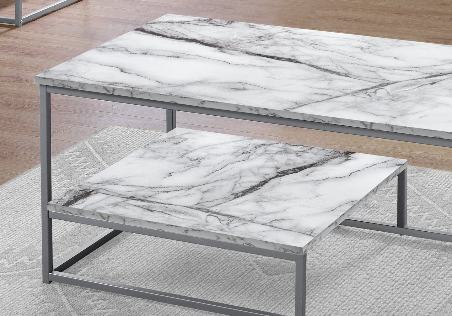 I 7963P Table Set - 3pcs Set / White Marble / Silver Metal - Furniture Depot