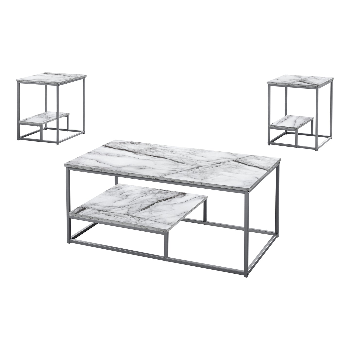 I 7963P Table Set - 3pcs Set / White Marble / Silver Metal - Furniture Depot