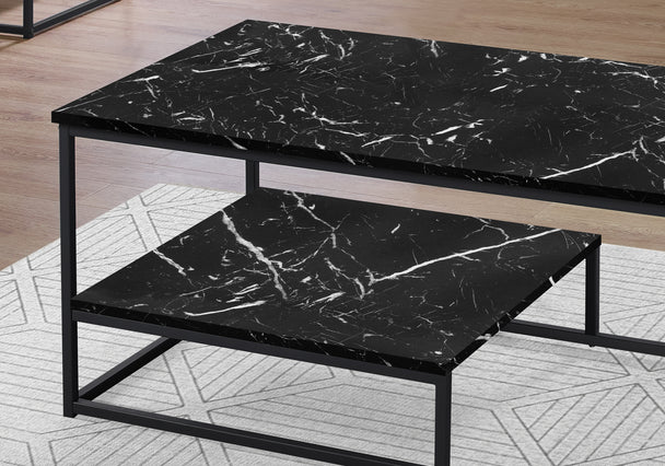 I 7964P Table Set - 3pcs Set / Black Marble / Black Metal - Furniture Depot