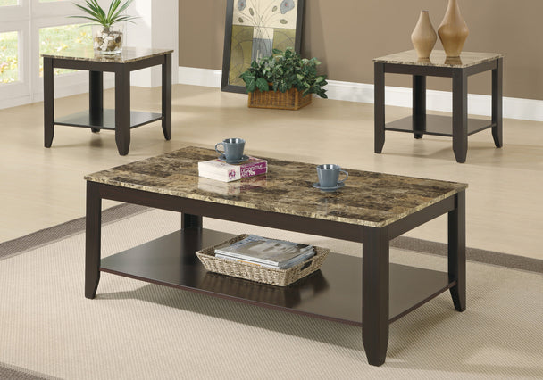 I 7984P Table Set - 3pcs Set / Espresso / Marble-Look Top - Furniture Depot