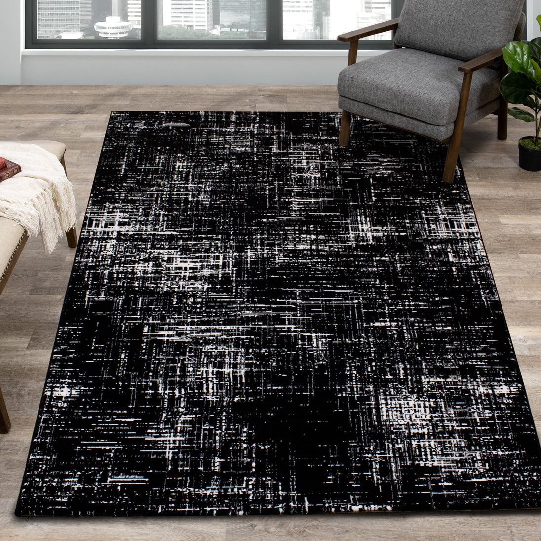 Ice Black White Distressed Rug - Furniture Depot