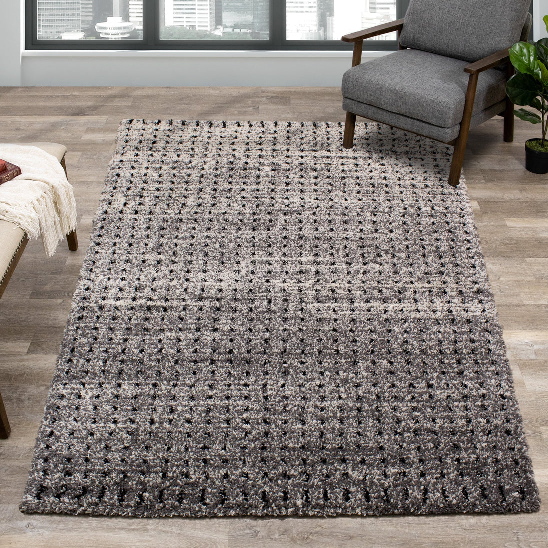 Maroq Grey White Black Distressed Dots Rug - Furniture Depot