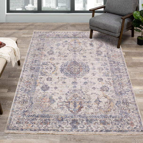 Monaco Cream Grey Blue Traditional Border Rug - Furniture Depot