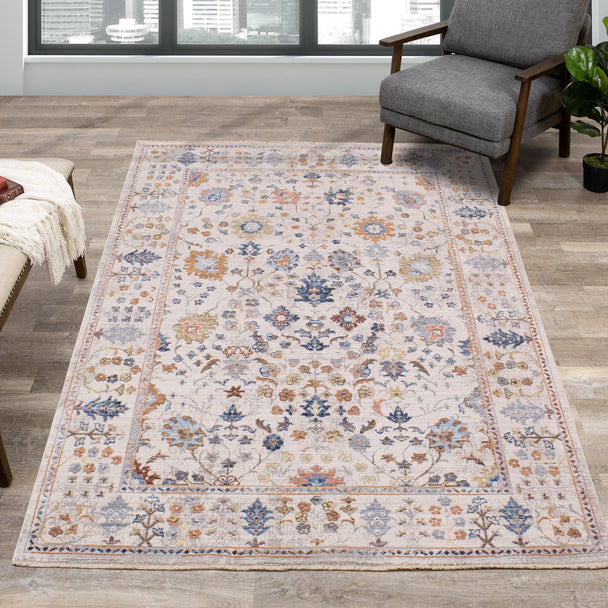 Monaco Cream Blue Orange Floral Traditional Rug - Furniture Depot