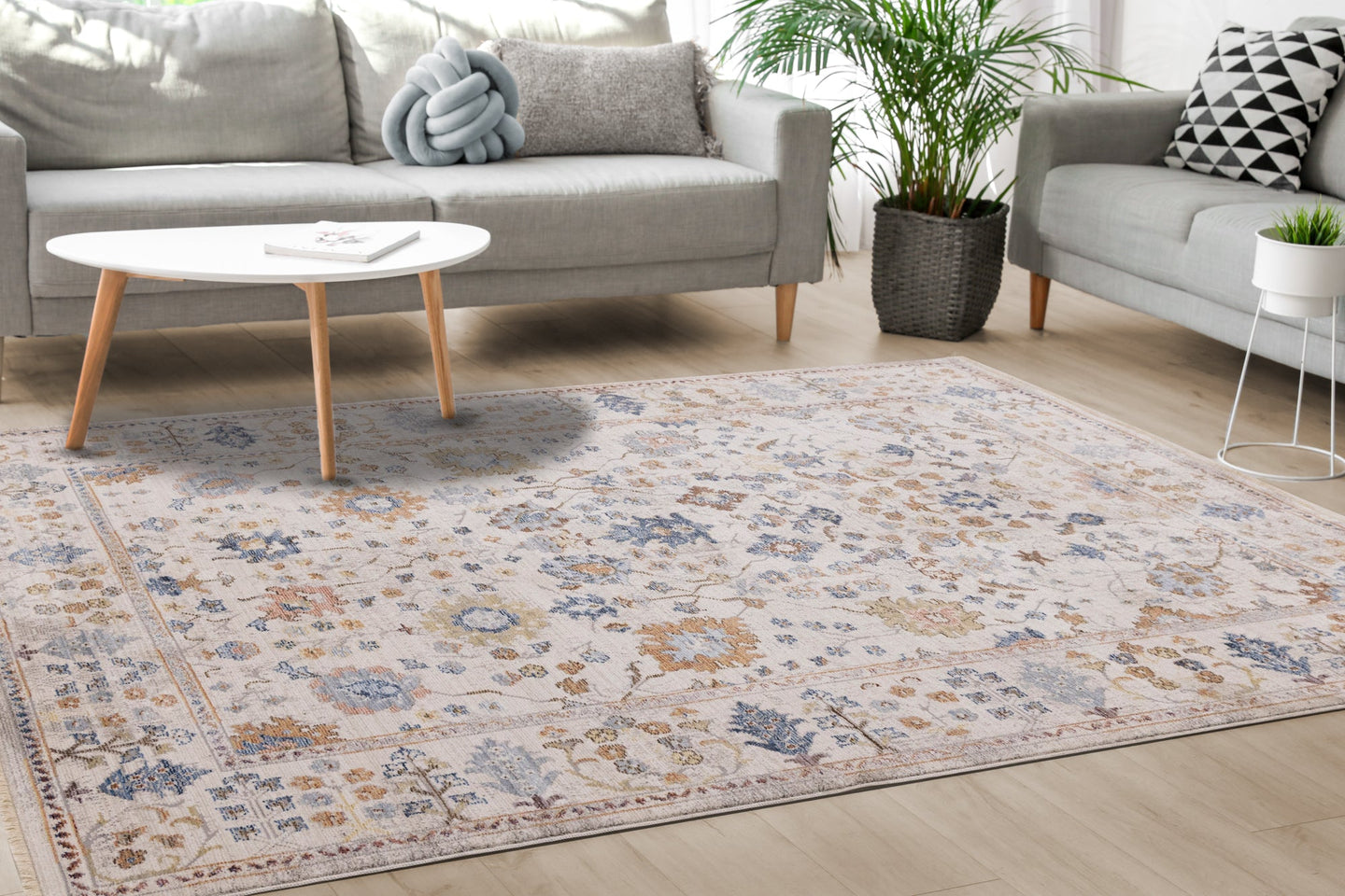 Monaco Cream Blue Orange Floral Traditional Rug - Furniture Depot